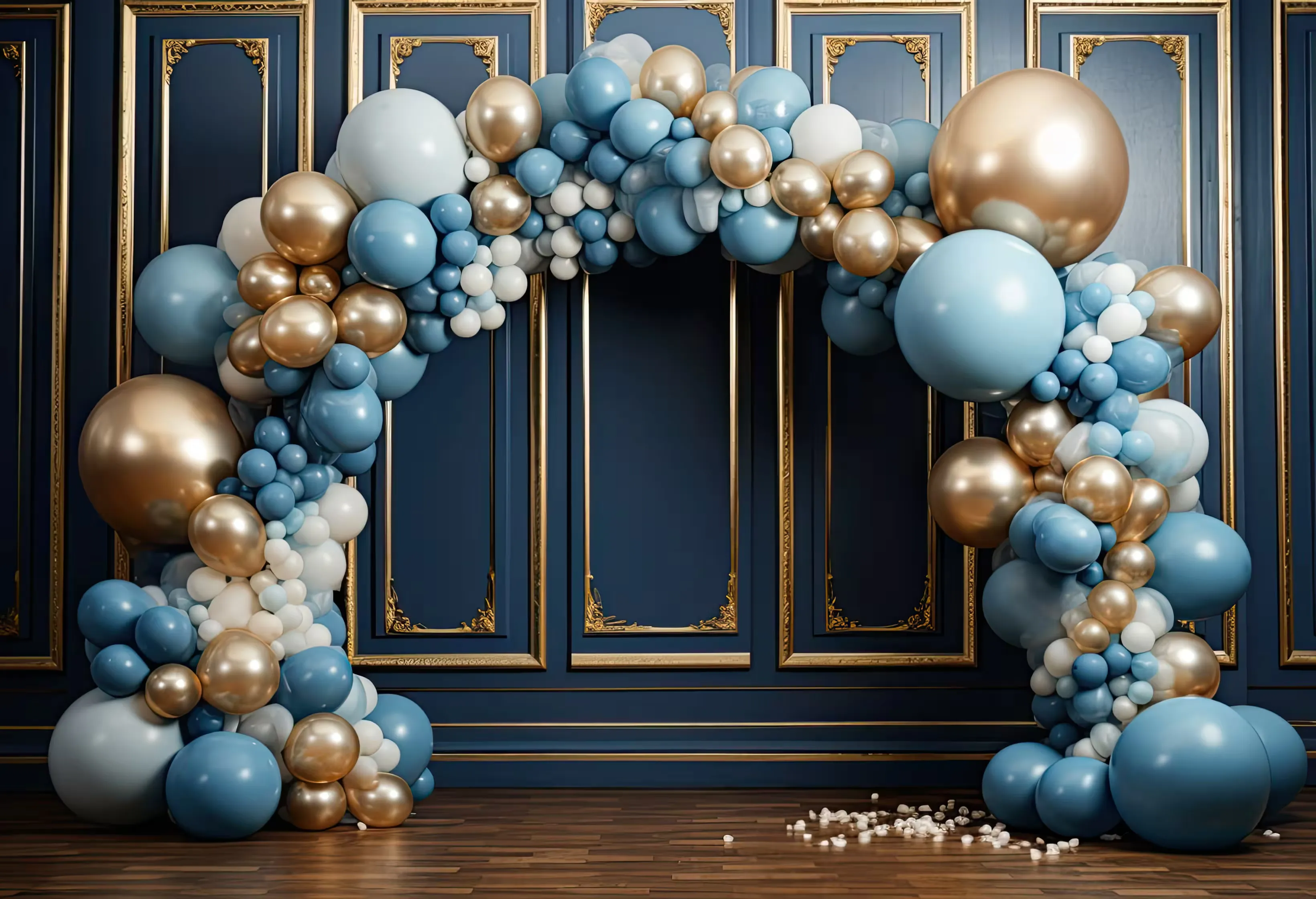 A blue and gold balloon arch styled against a panelled wall
