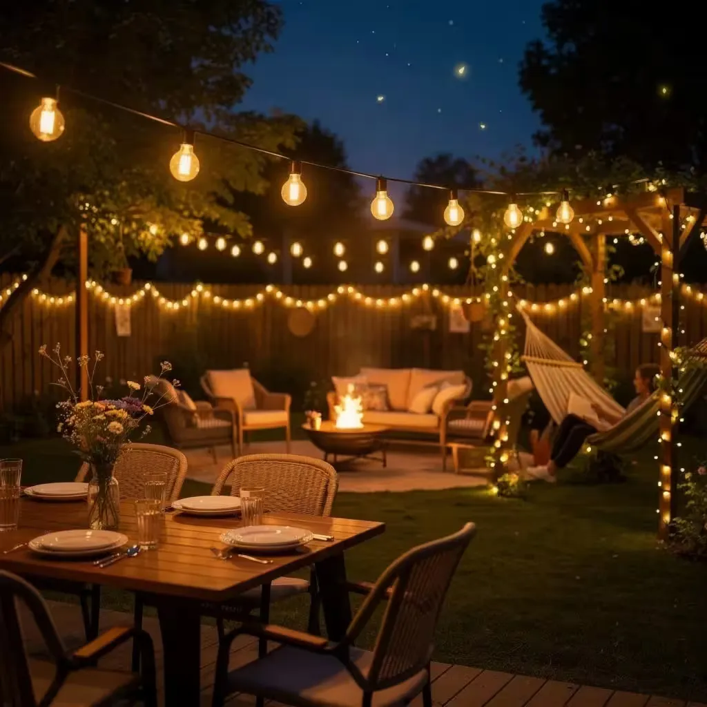 A warm decorative lighting installation set against an evening venue